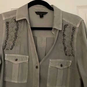 Gray, roll-up sleeve, embellished blouse